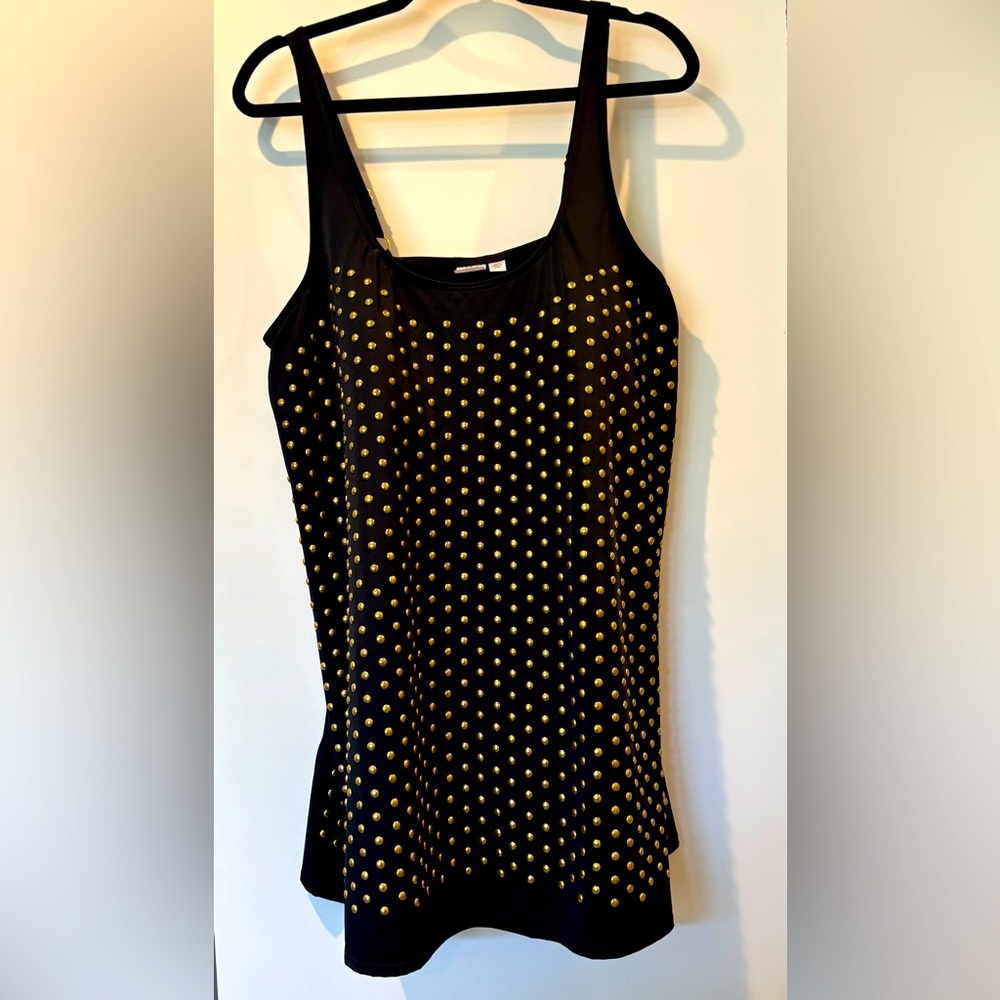 ROAMAN'S trapeze Black with gold studs swim suit dress NWT & panty strip size 20